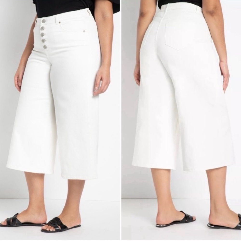 Eloquii Denim Cropped Wide Leg White Button Fly Jeans Size 16 NWT